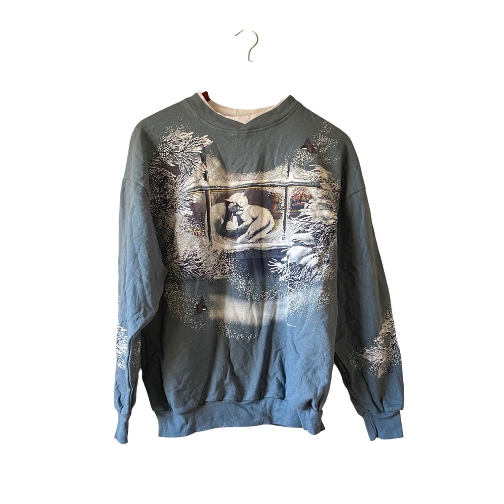 Vintage Graphic Sweatshirt Blue‎ Winter Scene Cats Size L cottagecore